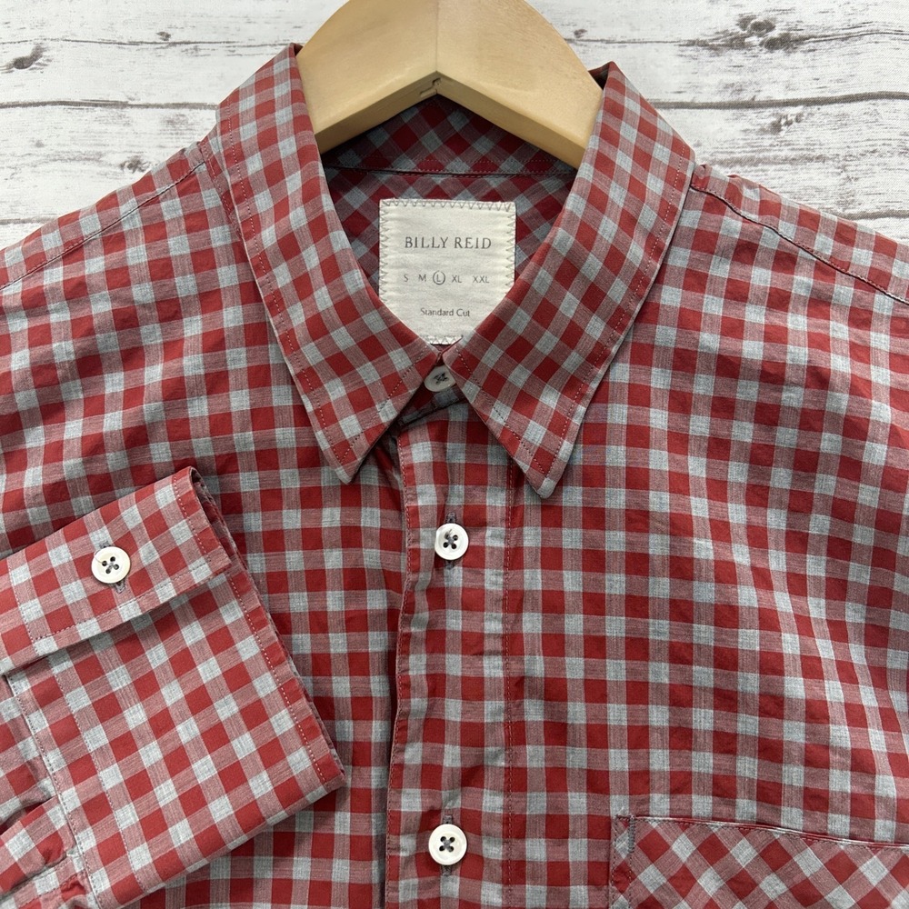Billy Reid Button-Up Shirt Men's Large Red Gray Gingham Standard Cut Long Sleeve
